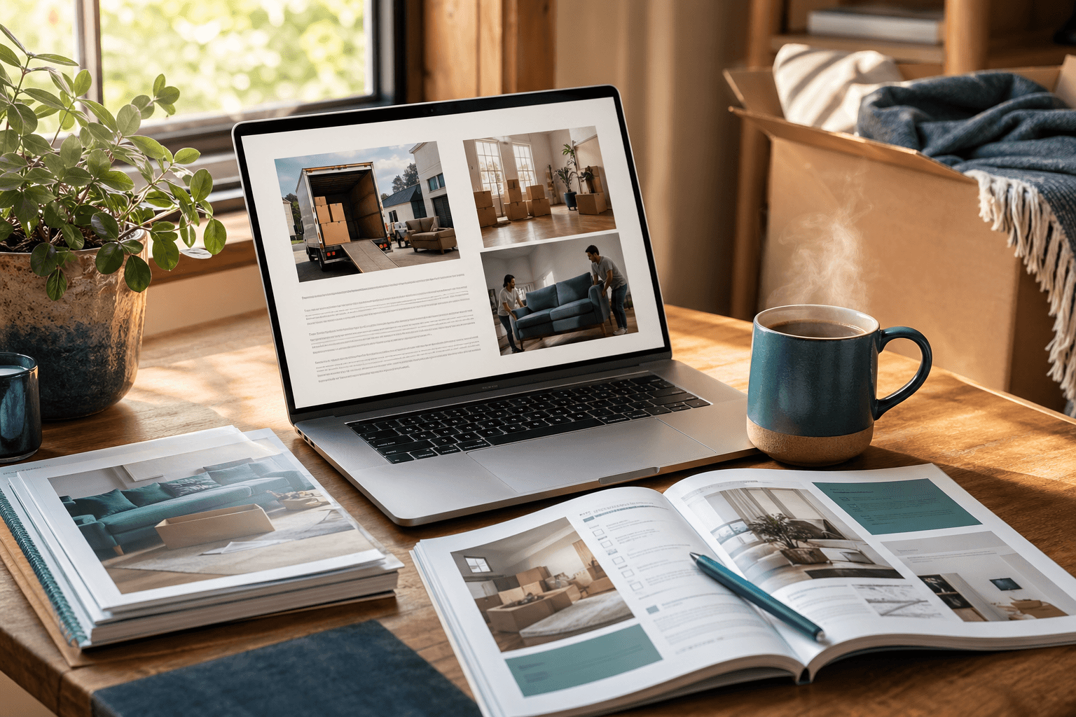 Cozy reading desk near a window with an open laptop showing a moving guide article, magazines, a steaming coffee mug, and a moving box in soft afternoon light
