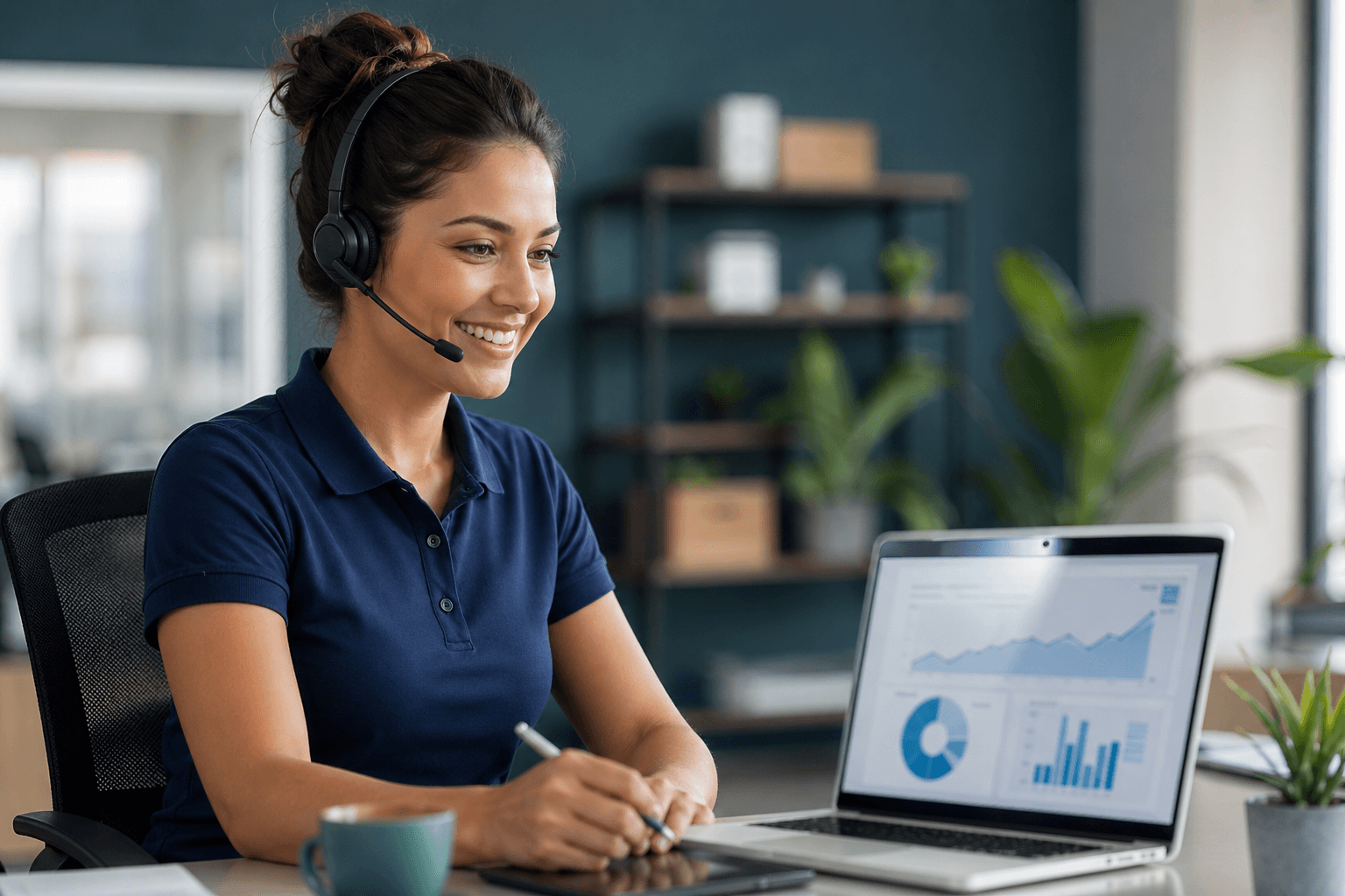 Friendly claims specialist with headset smiling at a modern desk reviewing a claims dashboard on a laptop