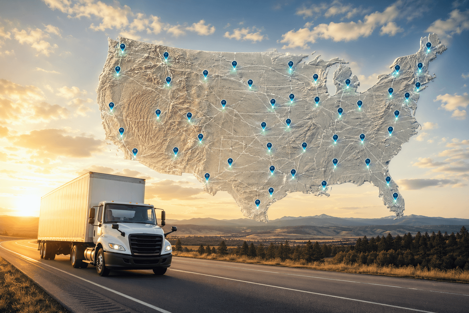 USA map with glowing service-area pins across all 50 states and a Credo Enterprise truck driving on an open highway under a golden sunset