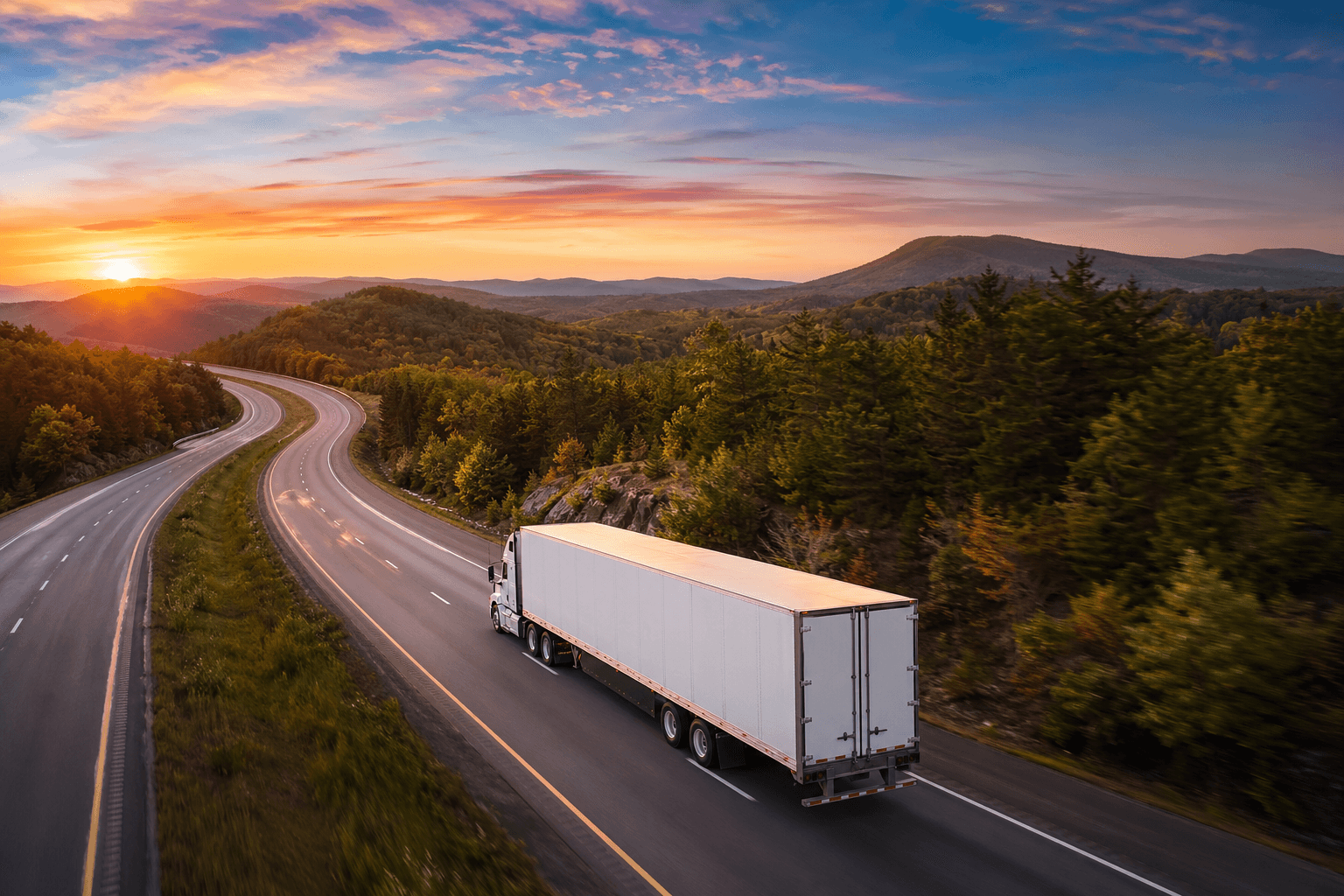 White moving truck driving on a sweeping interstate highway through pine forests at sunrise with dramatic warm sky
