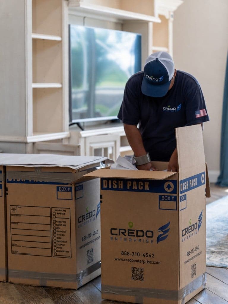Credo Enterprise mover in uniform packing fragile dishware into a branded Dish Pack box