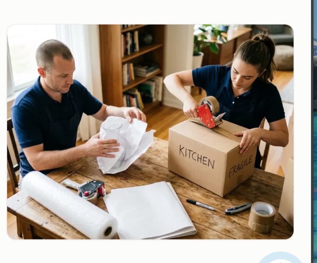 Professional movers packing and labeling fragile kitchen items in labeled cartons
