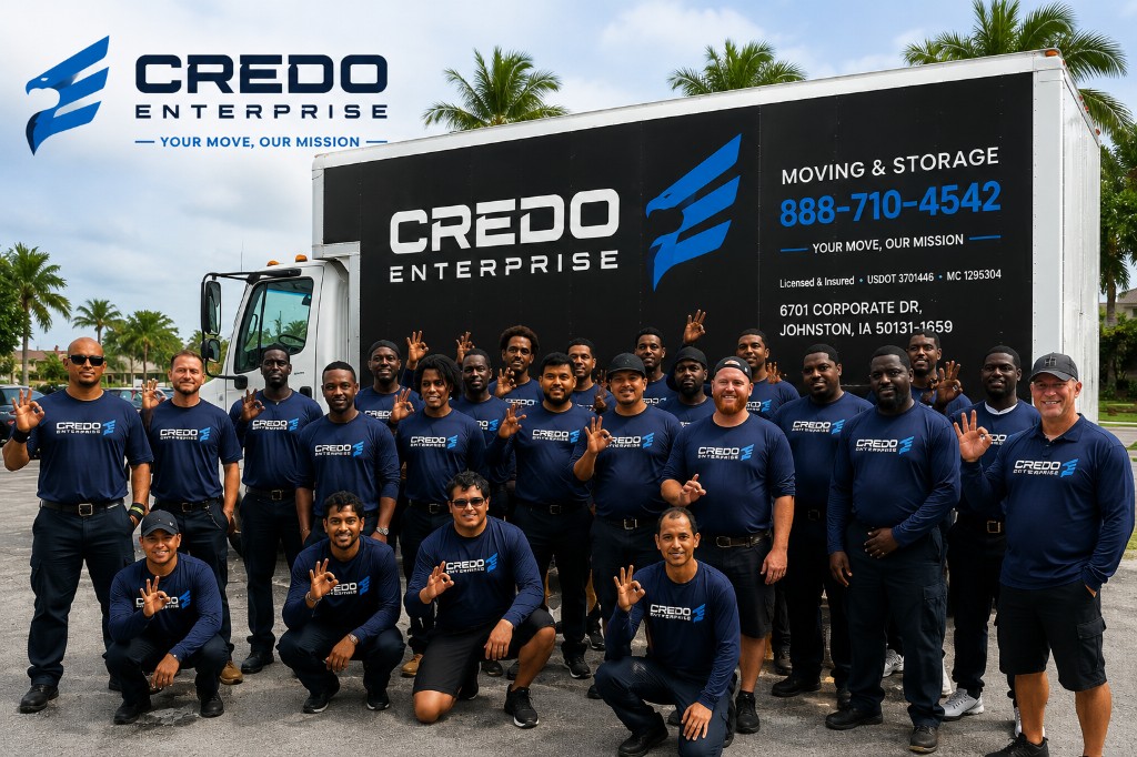 Credo Enterprise crew in uniform standing in front of a branded moving truck