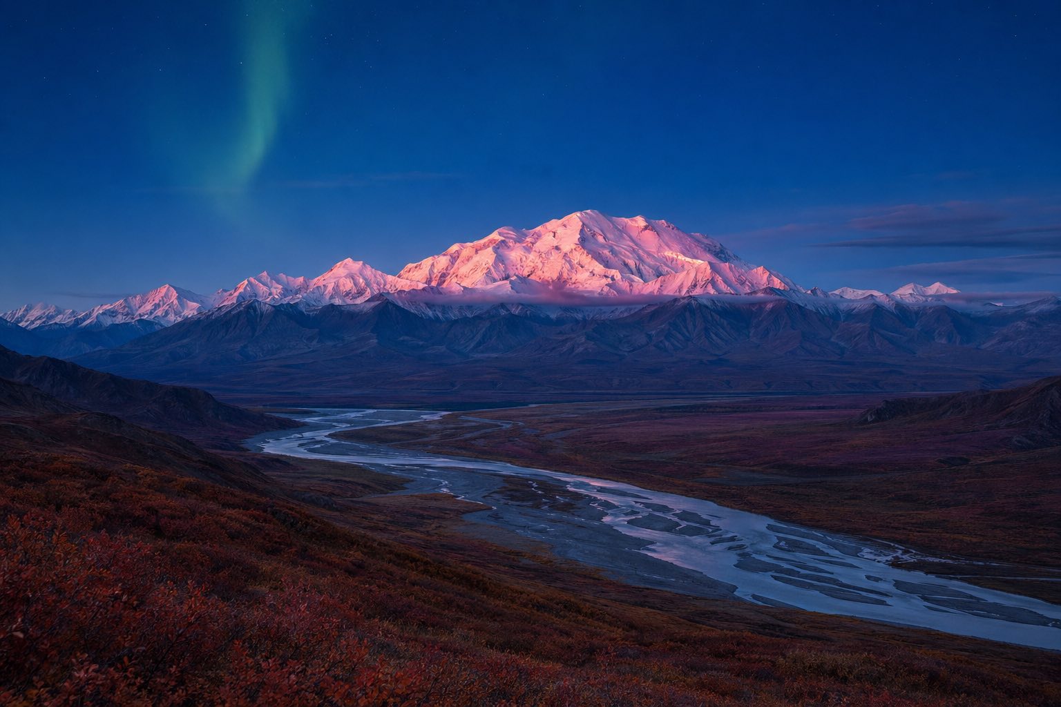 Modern photograph of Denali and the Alaska Range with subtle northern lights at dusk representing Credo Enterprise' Alaska service area