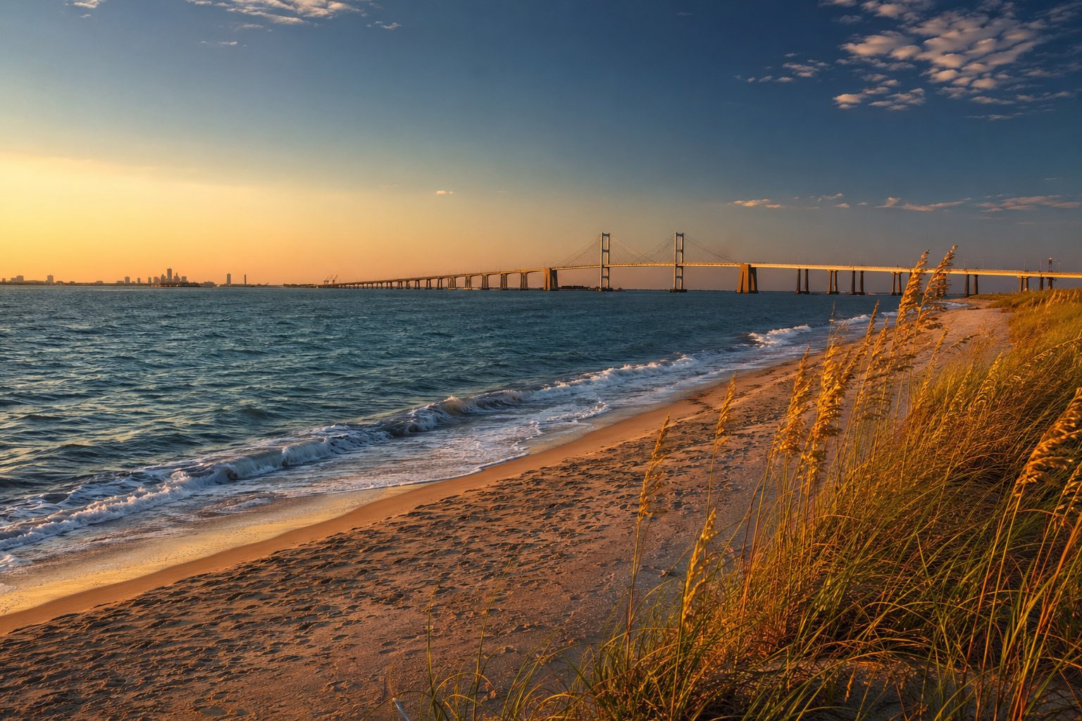 Modern photograph of the Cape Henlopen coastline and Delaware Memorial Bridge at sunset representing Credo Enterprise' Delaware service area