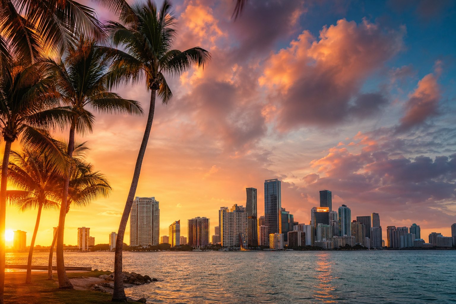 Modern photograph of the Miami skyline at golden hour with palm trees and the Atlantic shoreline representing Credo Enterprise' Florida service area