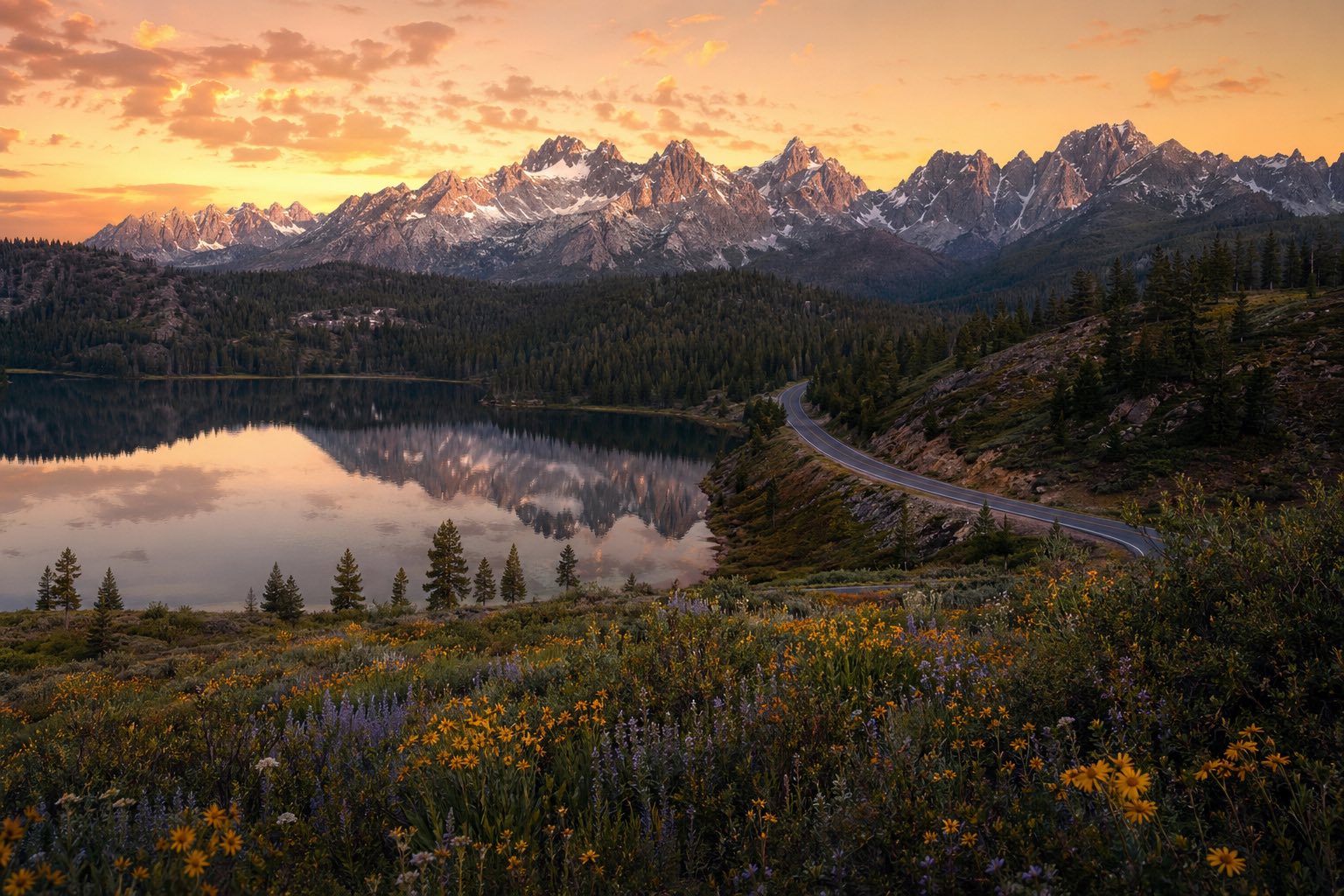 Modern photograph of the Sawtooth Mountains and Snake River valley at sunrise representing Credo Enterprise' Idaho service area