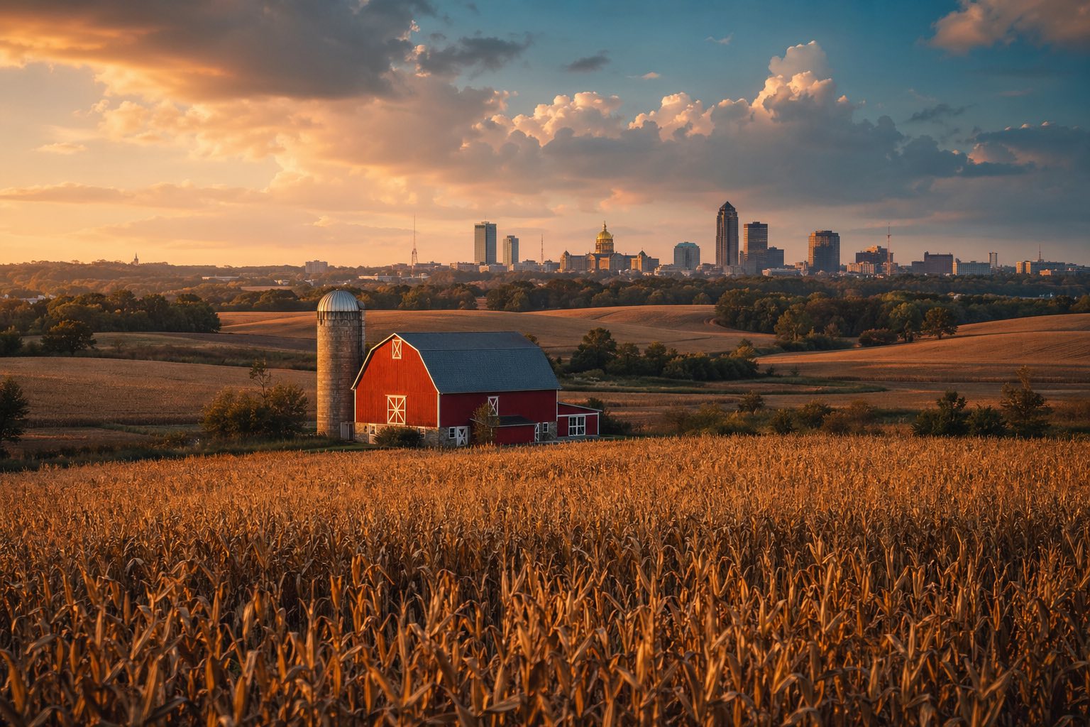 Modern photograph of rolling Iowa farmland and a country lane at golden hour representing Credo Enterprise' Iowa service area