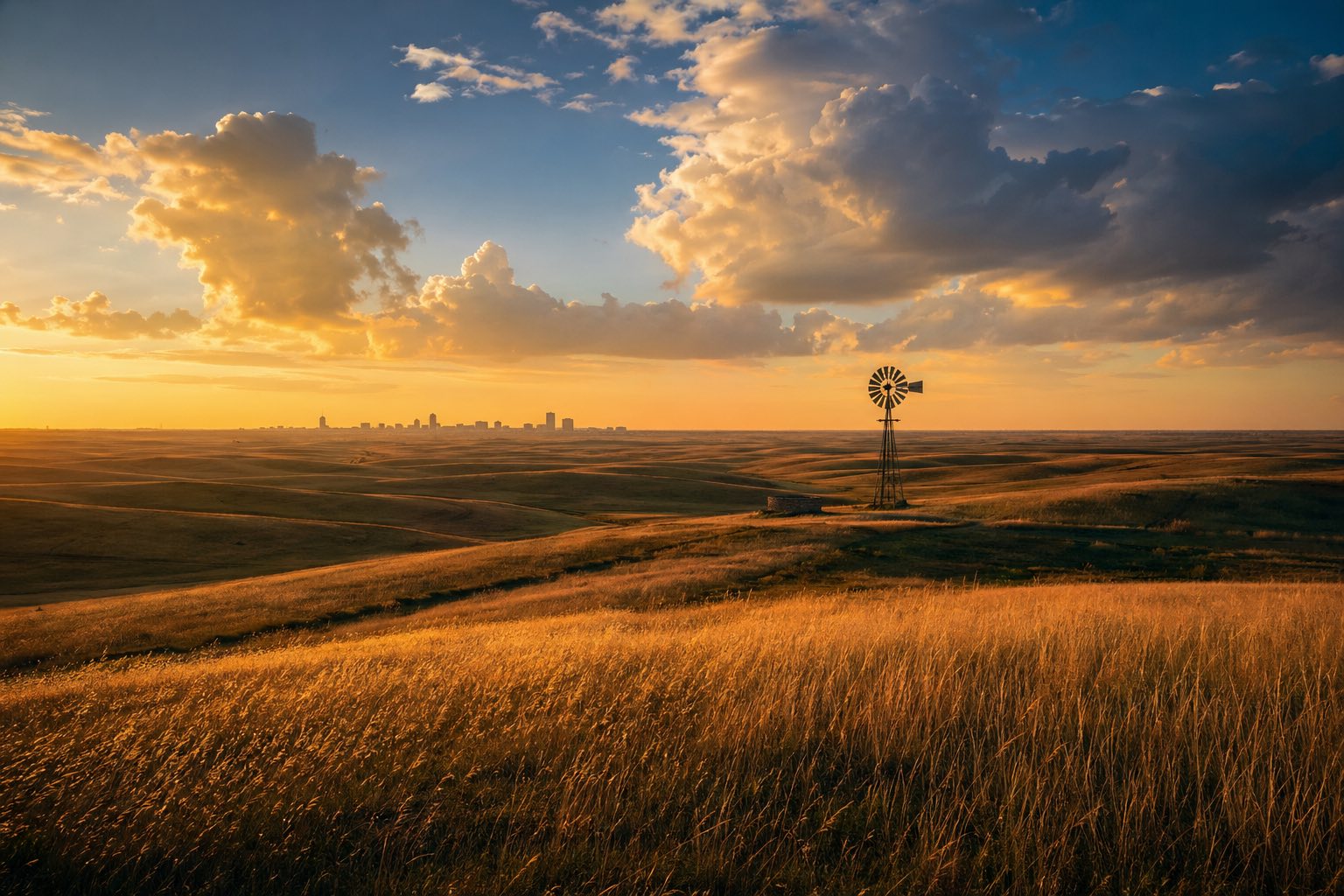 Modern photograph of the Flint Hills tallgrass prairie at golden hour representing Credo Enterprise' Kansas service area