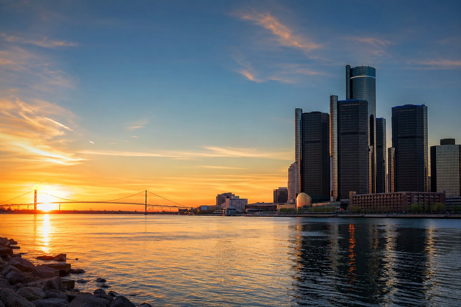 Modern photograph of the Detroit skyline along the Great Lakes shore at dusk representing Credo Enterprise' Michigan service area