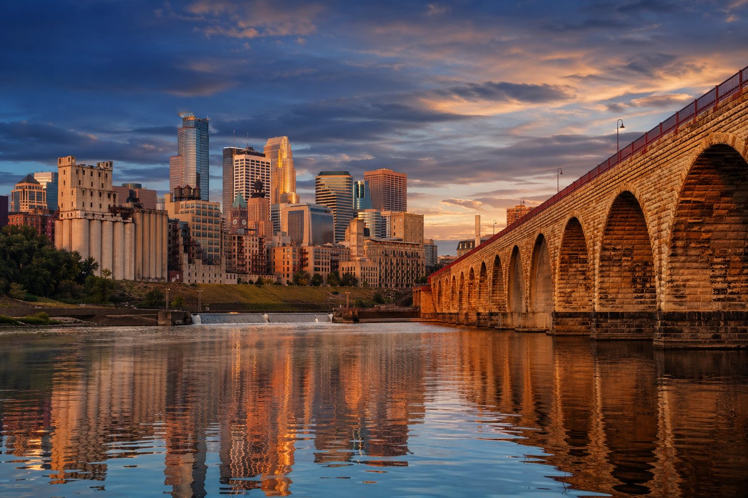 Modern photograph of the Minneapolis skyline reflected in the Mississippi River at dusk representing Credo Enterprise' Minnesota service area