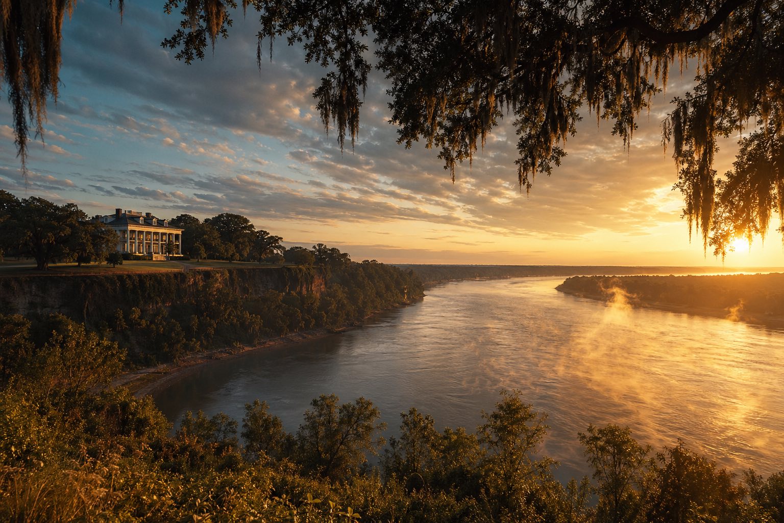 Modern photograph of a Mississippi River bend with cypress trees at golden hour representing Credo Enterprise' Mississippi service area