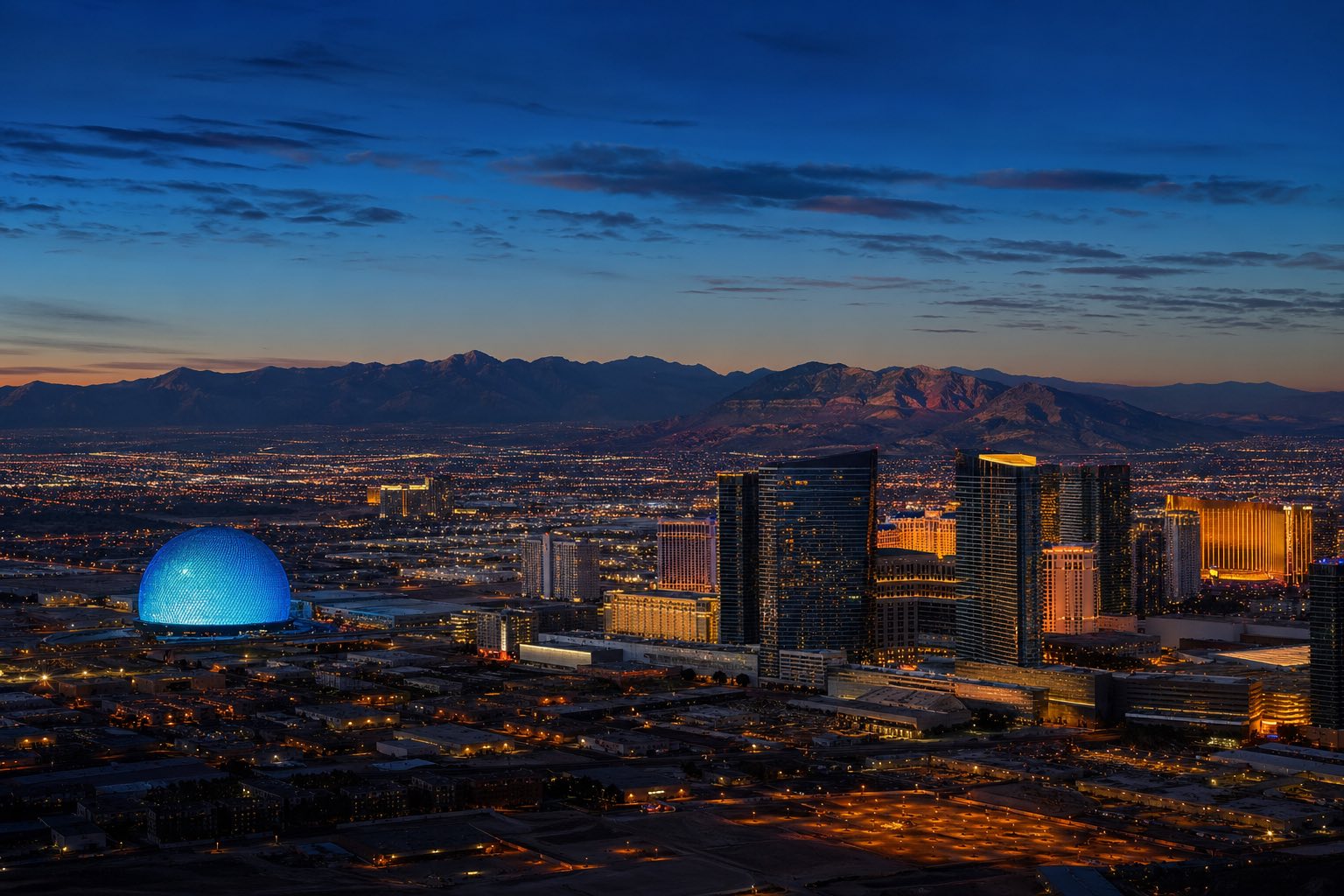 Modern photograph of the Las Vegas skyline framed by red-rock desert at golden hour representing Credo Enterprise' Nevada service area