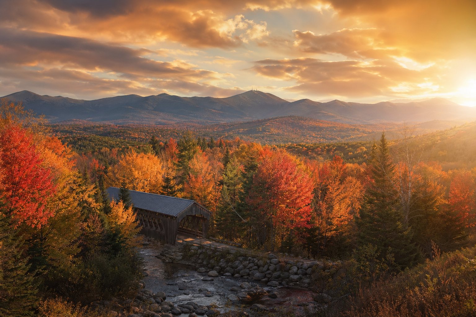 Modern photograph of the White Mountains in autumn with a classic covered bridge representing Credo Enterprise' New Hampshire service area