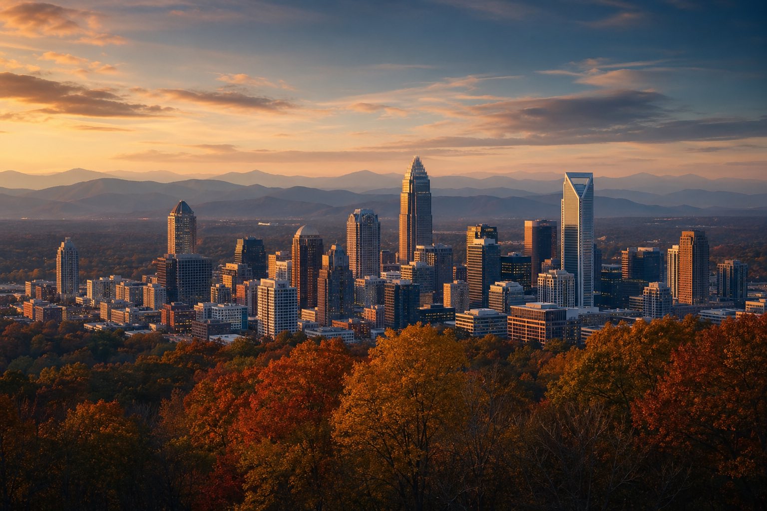 Modern photograph of the Blue Ridge Mountains and Charlotte skyline at dusk representing Credo Enterprise' North Carolina service area