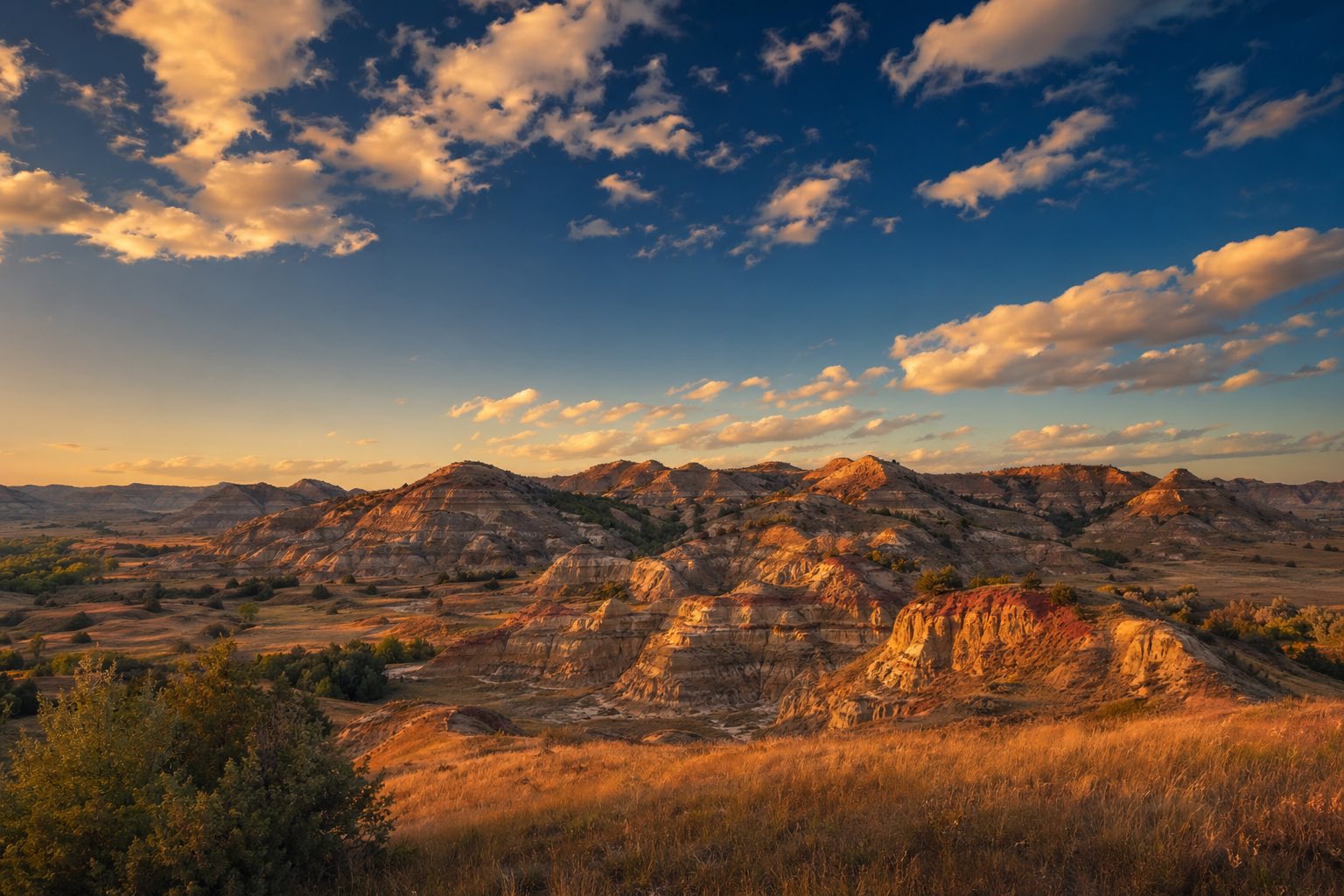Modern photograph of the Theodore Roosevelt badlands at golden hour representing Credo Enterprise' North Dakota service area