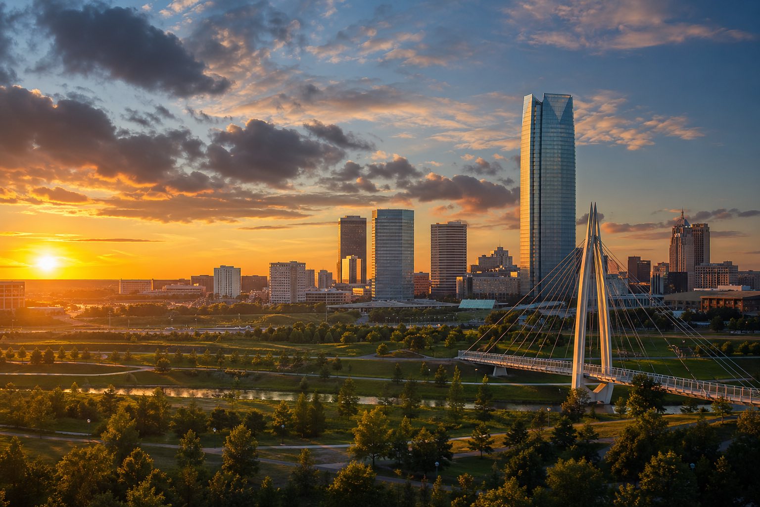 Modern photograph of the Oklahoma City skyline and open prairie horizon at sunset representing Credo Enterprise' Oklahoma service area