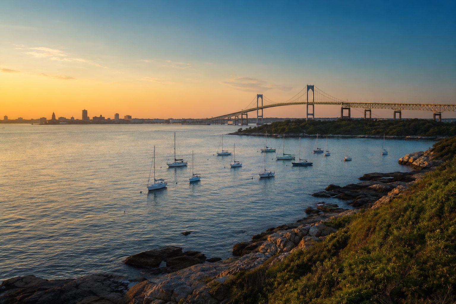 Modern photograph of Newport's Pell Bridge and Narragansett Bay at golden hour representing Credo Enterprise' Rhode Island service area