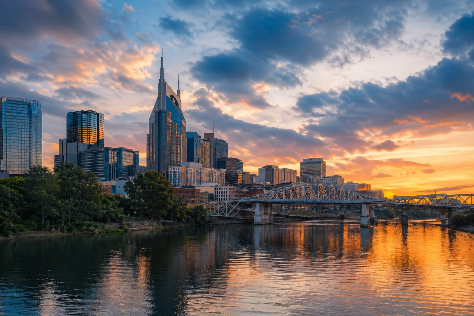 Modern photograph of the Nashville skyline with the Great Smoky Mountains at golden hour representing Credo Enterprise' Tennessee service area
