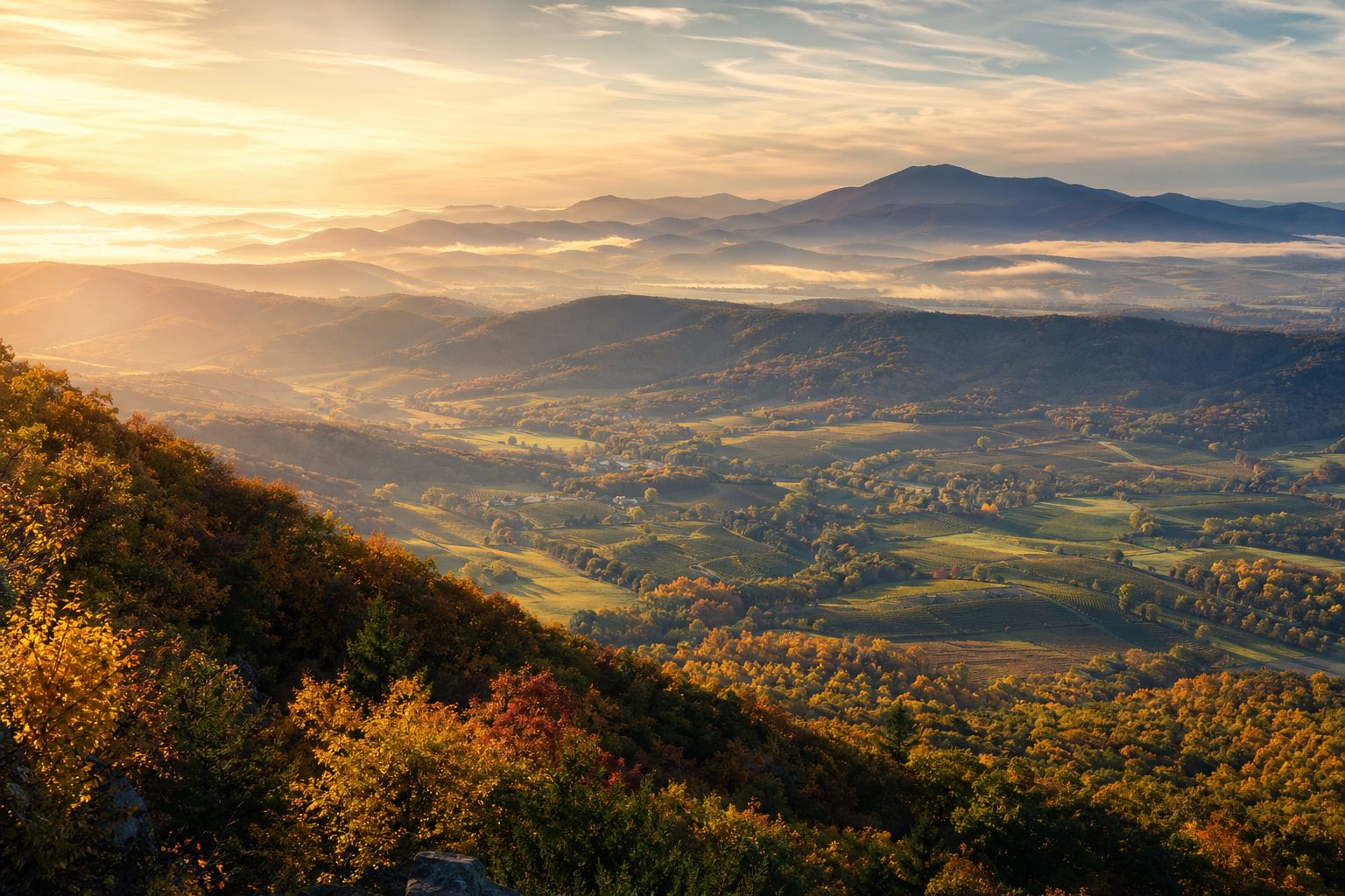 Modern photograph of the Blue Ridge Mountains and Shenandoah Valley at golden hour representing Credo Enterprise' Virginia service area