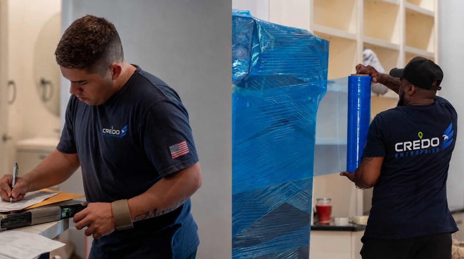 Credo Enterprise commercial movers documenting inventory on a rugged laptop and wrapping office furniture in protective blue stretch wrap